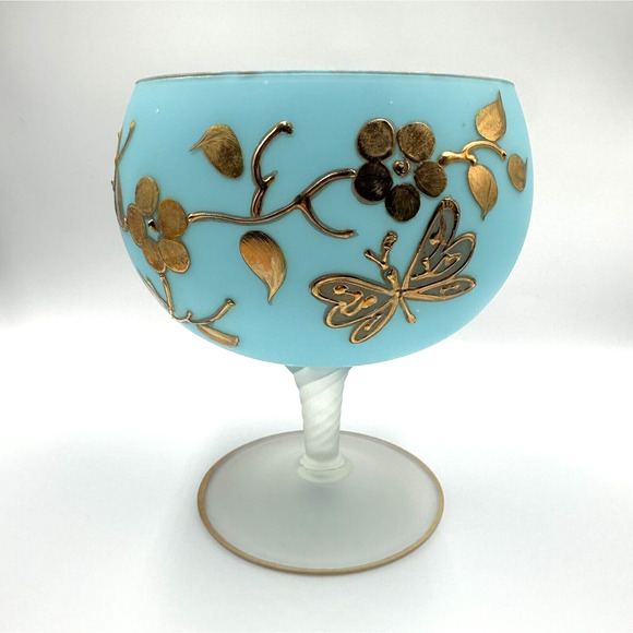 Vintage Pedestal Vase Blue Satin Frosted Hand Painted Gold Flowers Butterfly - Picture 4 of 8